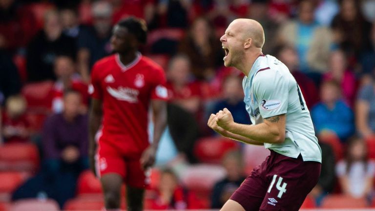 Steven Naismith celebrates scoring against Aberdeen after returning Hearts on a  permanent deal.