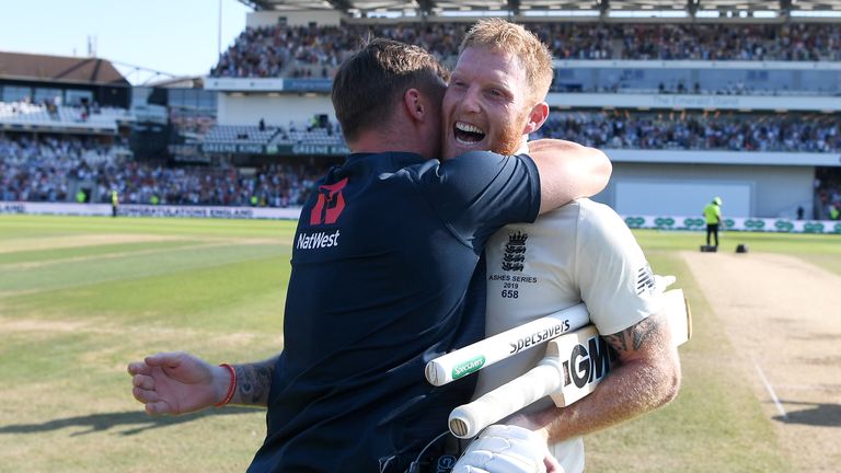 Jason Roy and Ben Stokes embrace following England&#39;s third Test win against Australia.