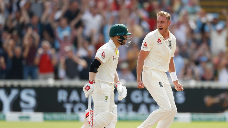 Stuart Broad celebrates the wicket of David Warner at Edgbaston