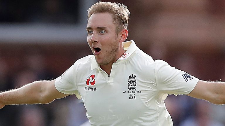 Stuart Broad of England celebrates after taking the wicket of David Warner of Australia during day two of the 2nd Specsavers Ashes Test between England and Australia at Lord's Cricket Ground on August 15, 2019 in London, England.