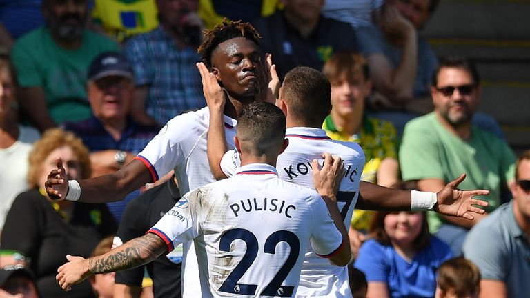 Chelsea's Tammy Abraham celebrates with teammates after scoring his second goal