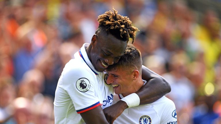Chelsea&#39;s Mason Mount celebrates scoring his side&#39;s second goal of the game with Tammy Abraham