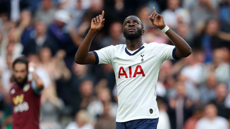 Tanguy Ndombele celebrates his equaliser in Tottenham's Premier League opener vs Aston Villa