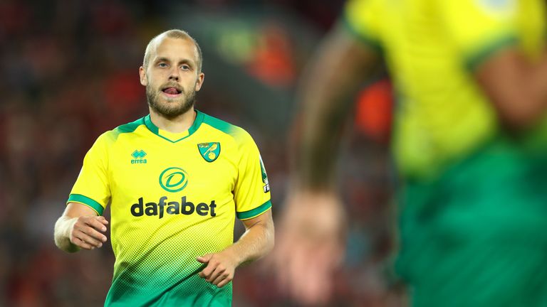 Teemu Pukki during the Premier League match vs Liverpool at Anfield
