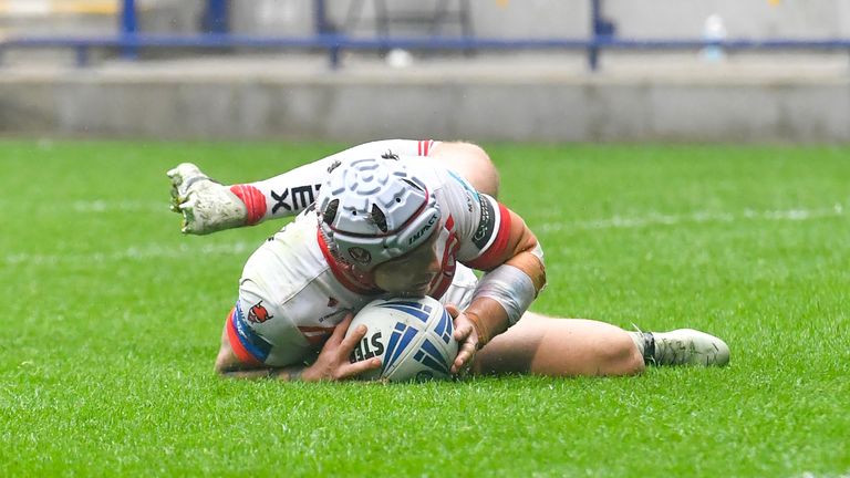 St Helens' Theo Fages scores his sides 4th try during the Coral Challenge Cup semi-final match at the University of Bolton Stadium. PRESS ASSOCIATION Photo. Picture date: Saturday July 27, 2019. See PA story RUGBYL St Helens. Photo credit should read: Dave Howarth/PA Wire. RESTRICTIONS: Editorial use only. No commercial use. No false commercial association. No video emulation. No manipulation of images.