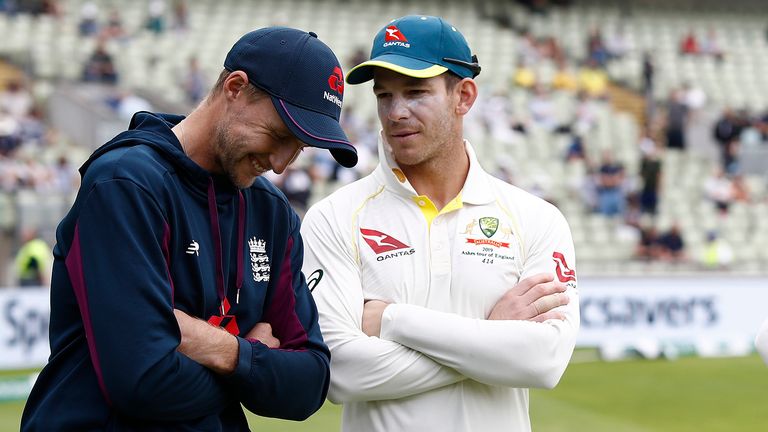 Joe Root of England, Tim Paine and Steve Smith of Australia look on after day five of the 1st Specsavers Ashes Test between England and Australia at Edgbaston on August 05, 2019 in Birmingham, England.