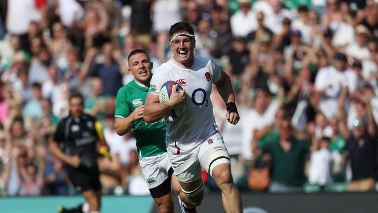 Tom Curry is all smiles as he adds to England's list of try scorers on Saturday