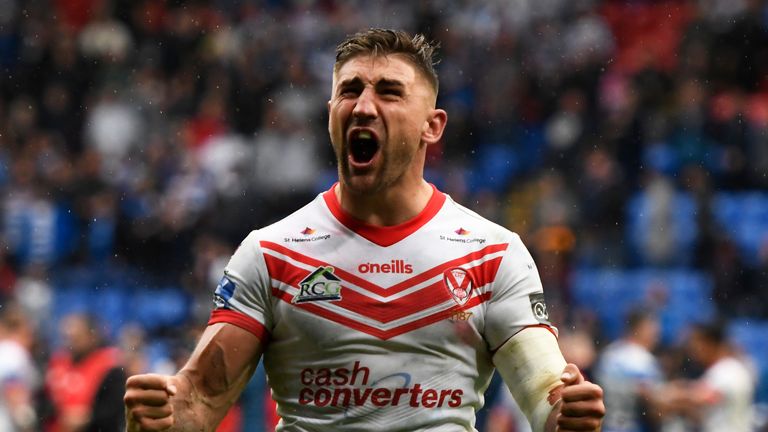 Tommy Makinson of St Helens celebrates after the Coral Challenge Cup Semi-Final between St Helens and Halifax