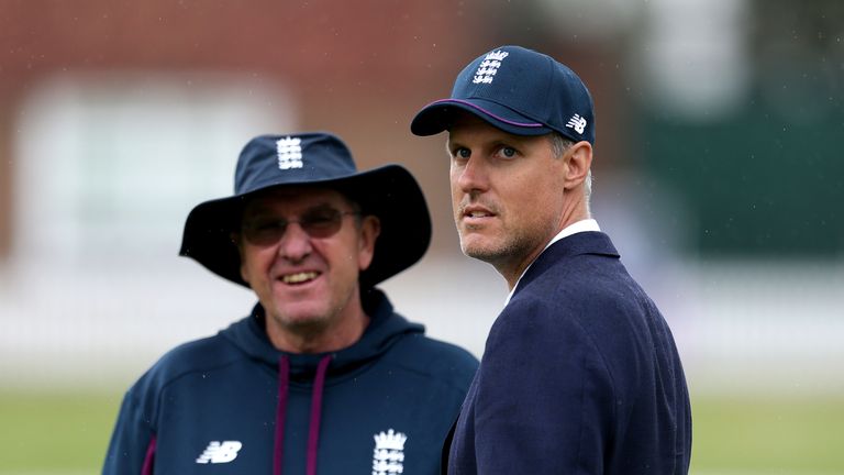 England head coach Trevor Bayliss and ECB Chief Selector Ed Smith during a nets session at Lord's