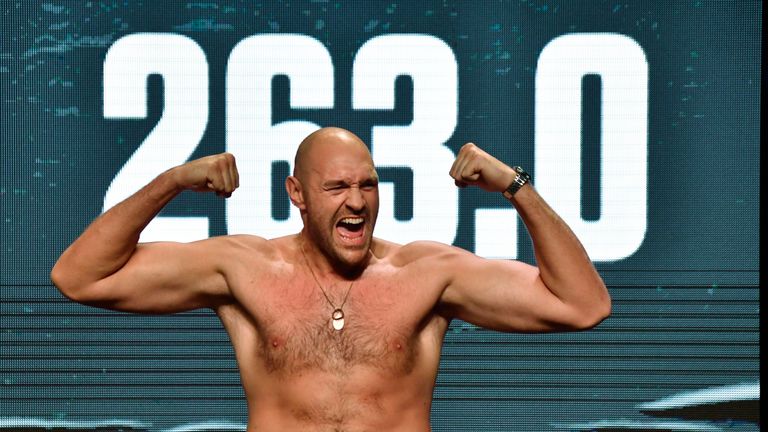 LAS VEGAS, NV - JUNE 15: Tyson Fury weighs in at 263 pounds at todays weigh-in at the MGM Hotel Friday. Tyson Fury will face the unbeaten Tom Schwarz on June 15, 2019 in Las Vegas, Nevada. (Photo by MB Media/Getty Images) 