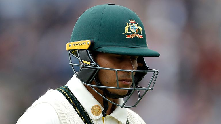 Usman Khawaja of Australia looks dejected after being dismissed by Stuart Broad of England during Day One of the 3rd Specsavers Ashes Test match between England and Australia at Headingley on August 22, 2019 in Leeds, England. 