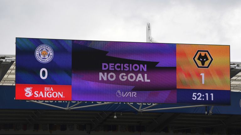 LEICESTER, ENGLAND - AUGUST 11: Scoreboard showing Leander Dendoncker of Wolverhampton Wanderers had his goal cancelled out after a VAR decision during the Premier League match between Leicester City and Wolverhampton Wanderers at The King Power Stadium on August 11, 2019 in Leicester, United Kingdom. (Photo by Sam Bagnall - AMA/Getty Images)