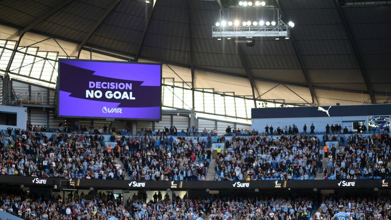 The overturned goal is displayed at the Etihad after a VAR review