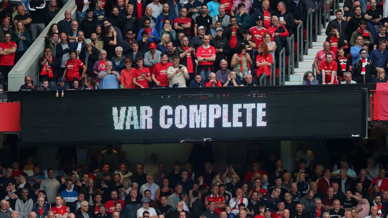 MANCHESTER, ENGLAND - AUGUST 11: The LED screen shows information during a VAR penalty check during the Premier League match between Manchester United and Chelsea FC at Old Trafford on August 11, 2019 in Manchester, United Kingdom. (Photo by Julian Finney/Getty Images)