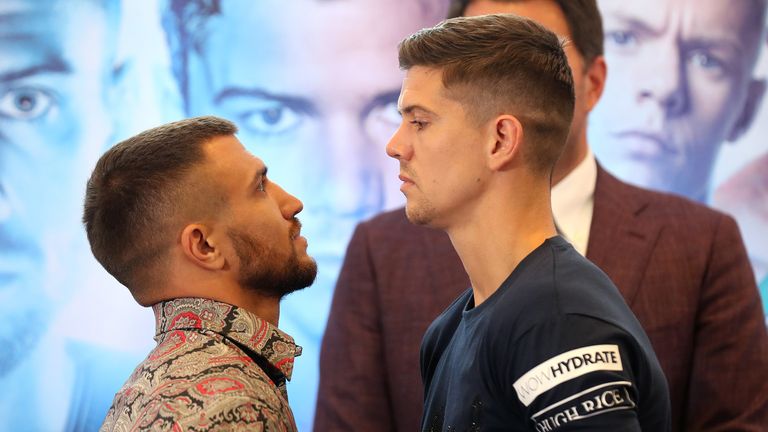 Vasiliy Lomachenko (L) and Luke Campbell (R) face off after speaking to the media during the Vasiliy Lomachenko and Luke Campbell press conference in the lead up to their WBC, WBA, WBO and Ring Magazine Lightweight World Title Fight at the Canary Riverside Plaza Hotel on August 29, 2019 in London, England. 