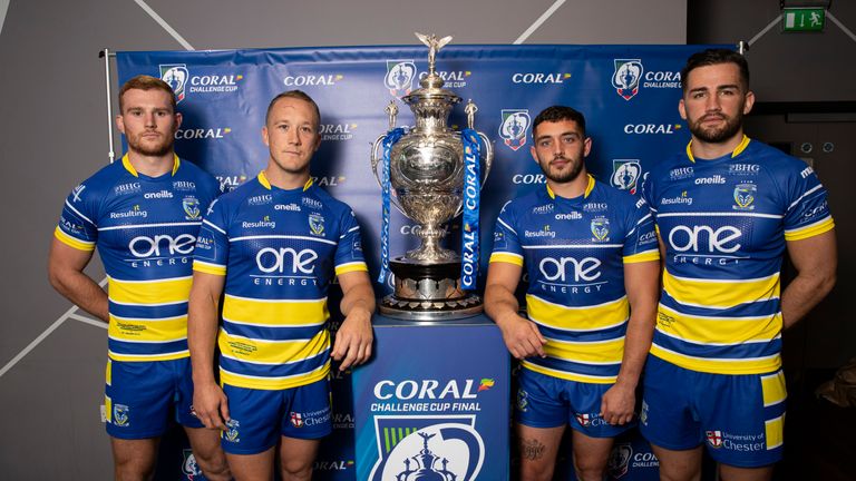 Picture by Paul Currie/SWpix.com - 19/08/2019 - Rugby League - Coral Challenge Cup Press Conference - Social 7, Manchester, England - Warrington Wolves' pose with the Challenge Cup