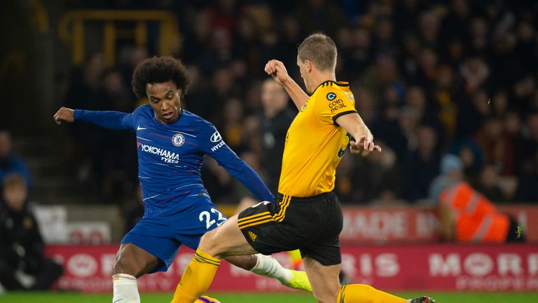Willian of Chelsea and Ryan Bennett of Wolverhampton Wanderers during the Premier League match between Wolverhampton Wanderers and Chelsea FC at Molineux on December 5, 2018 in Wolverhampton, United Kingdom. (Photo by Visionhaus/Getty Images)