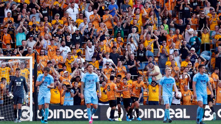 Wolverhampton Wanderers&#39;s Raul Jimenez celebrates with his team-mates after scoring his side&#39;s first goal of the game from the penalty spot during the Premier League match at Molineux, Wolverhampton. PRESS ASSOCIATION Photo. Picture date: Sunday August 25, 2019. See PA story SOCCER Wolves. Photo credit should read: Darren Staples/PA Wire. RESTRICTIONS: EDITORIAL USE ONLY No use with unauthorised audio, video, data, fixture lists, club/league logos or &#34;live&#34; services. Online in-match use limited to 120 images, no video emulation. No use in betting, games or single club/league/player publications.