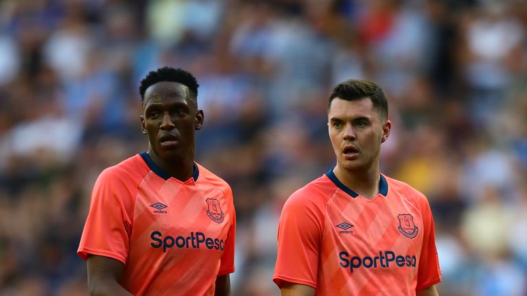 WIGAN, ENGLAND - JULY 24: Yerry Mina (L) and Michael Keane of Everton in action during the Pre-Season Friendly match between Wigan Athletic and Everton at DW Stadium on July 24, 2019 in Wigan, England. (Photo by Chris Brunskill/Fantasista/Getty Images)