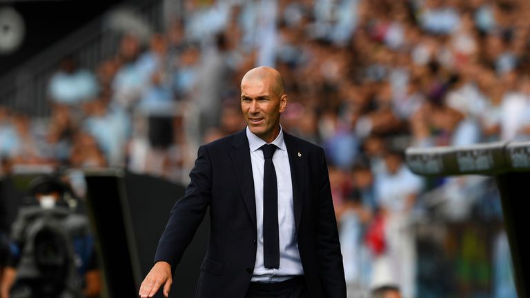 VIGO, SPAIN - AUGUST 17: Head coach Zinedine Zidane of Real Madrid during the Liga match between RC Celta de Vigo and Real Madrid CF at Abanca-Bala..dos on August 17, 2019 in Vigo, Spain. (Photo by Octavio Passos/Getty Images)                  