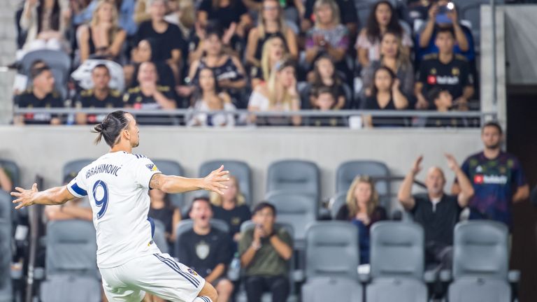 LOS ANGELES, CA - AUGUST 25:  Zlatan Ibrahimovic #9 of Los Angeles Galaxy celebrates his first goal of the night during Los Angeles FC's MLS match against Los Angeles Galaxy at the Banc of California Stadium on August 25, 2019 in Los Angeles, California.  The match ended in a 3-3 draw.  (Photo by Shaun Clark/Getty Images) *** Local Caption *** Zlatan Ibrahimovic