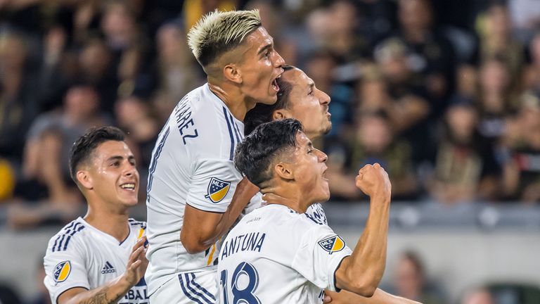 Zlatan Ibrahimovic #9 of Los Angeles Galaxy celebrates his second goal during Los Angeles FC&#39;s MLS match against Los Angeles Galaxy at the Banc of California Stadium on August 25, 2019 in Los Angeles, California. The match ended in a 3-3 draw.