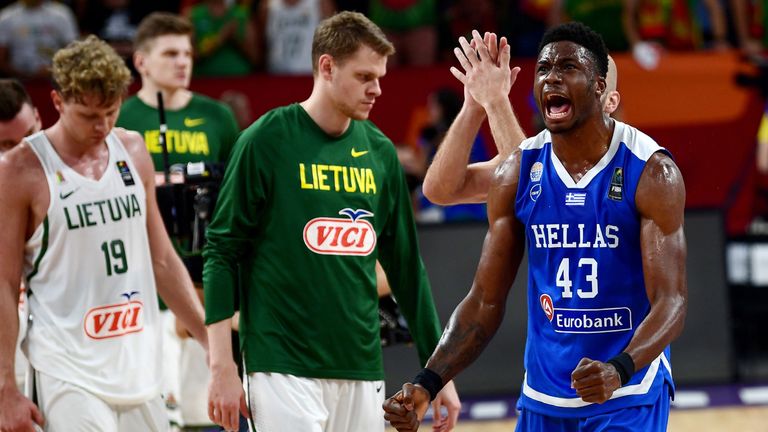 Thanasis Antetokounmpo celebrates a Greece win at the 2017 FIBA Eurobasket tournament