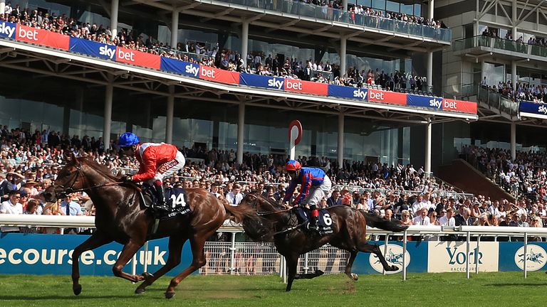 Threat, ridden by Oisin Murphy, wins the Al Basti Equiworld Dubai Gimcrack Stakes at York
