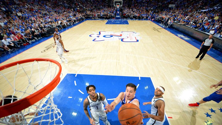 TJ McConnell attacks the basket during the Philadelphia 76ers' playoff series against the Brooklyn Nets