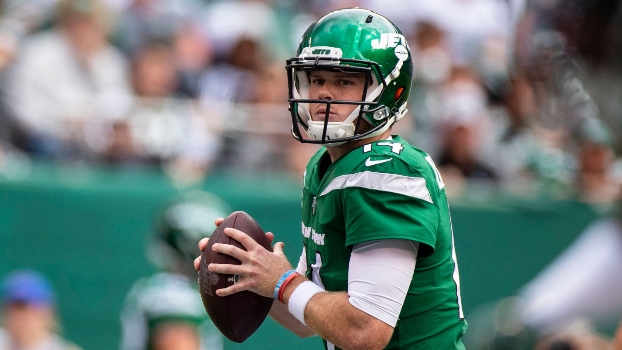 October 8, 2018 - East Rutherford, New Jersey, U.S. - New York Jets  quarterback Sam Darnold (14) during a NFL game between the Denver Broncos  and the New York Jets at MetLife