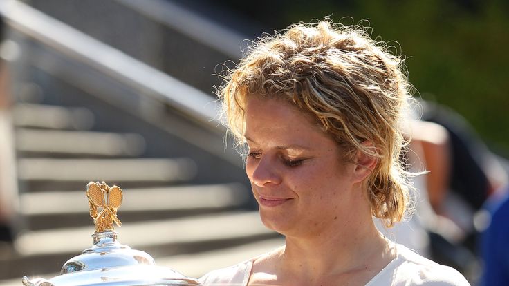 Former Australian Open Champion Kim Clijsters of Belgium poses with Daphne Akhurst Memorial Cup during day one of the 2016 Australian Open at Melbourne Park on January 18, 2016 in Melbourne, Australia.