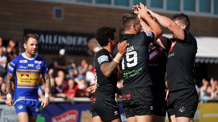 London Broncos' Ryan Morgan celebrates with team-mates after scoring his sides second try during the Betfred Super League match at Ealing Trailfinders Rugby Club, London.