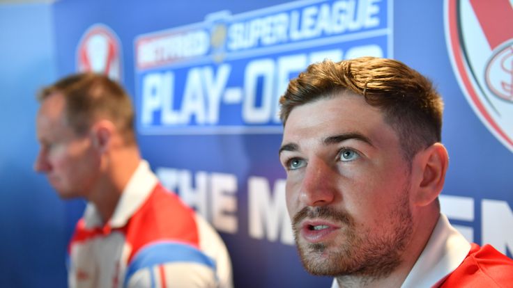 Picture by SimonWilkinson/SWpix.com 16/09/2019 Superleague Rugby League. Play-Off Press Conference, Evolution Suite, Old Trafford Manchester
- St Helens's Mark Percival.