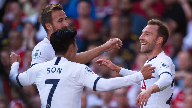 LONDON, ENGLAND - SEPTEMBER 01: Christian Eriksen of Tottenham Hotspur celebrates his goal with Son Heung-min and Harry Kane during the Premier League match between Arsenal FC and Tottenham Hotspur at Emirates Stadium on September 01, 2019 in London, United Kingdom. (Photo by Visionhaus)
