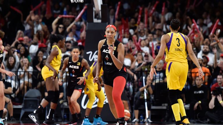 A'ja Wilson celebrates a clutch basket against the Sparks