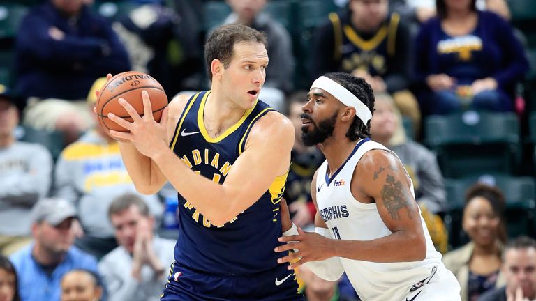 Now-Jazz team-mates Bojan Bogdanovic and Mike Conley face off in a 2018-19 regular-season clash between the Indiana Pacers and the Memphis Grizzlies