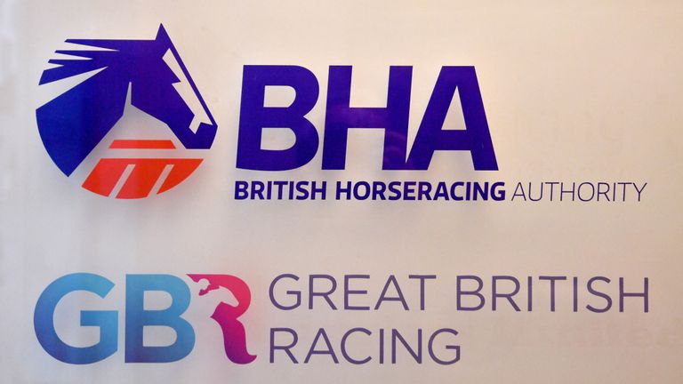 A general view of signage at the London headquarters of the British Horseracing Authority