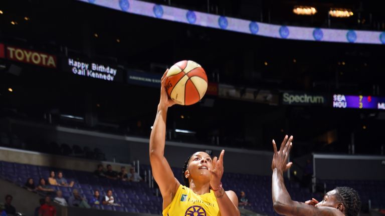 Candace Parker of the Los Angeles Sparks shoots the ball during the game against the Seattle Storm