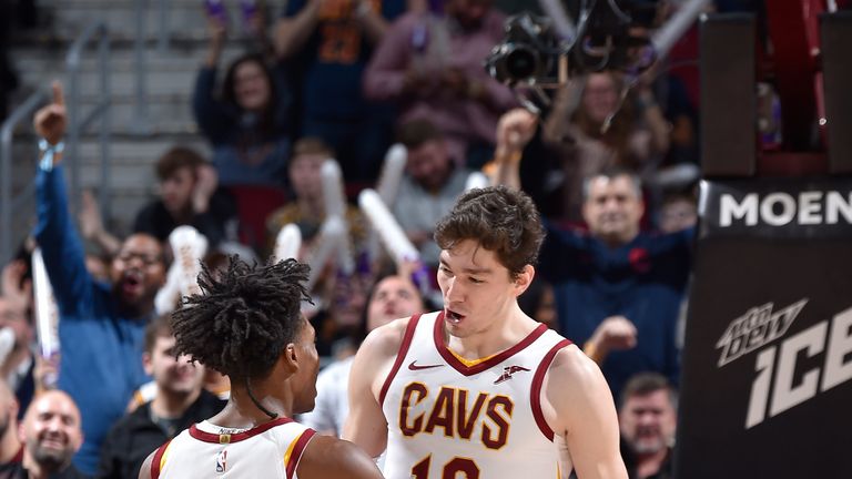 Collin Sexton and Cedi Osman celebrate during a 2018-19 Cavaliers game