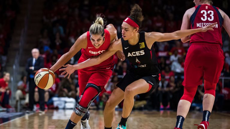 Elena Delle Donne drives by Dearica Hambry in the Mystics&#39; playoff opener against the Las Vegas Aces