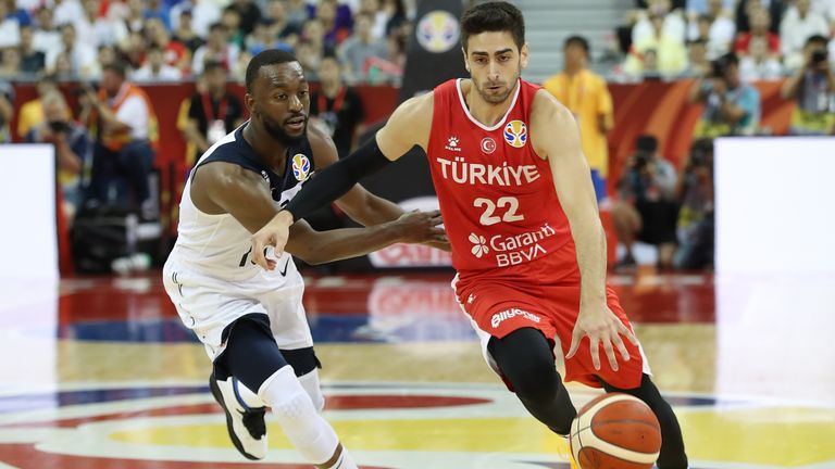 Furkan Korkmaz drives past Kemba Walker in Turkey's narrow defeat FIBA World Cup defeat against the USA