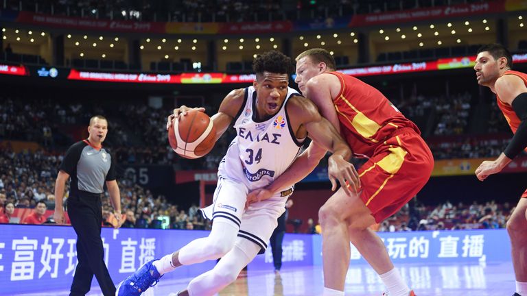 Giannis Antetokounmpo drives to the hoop against Montenegro