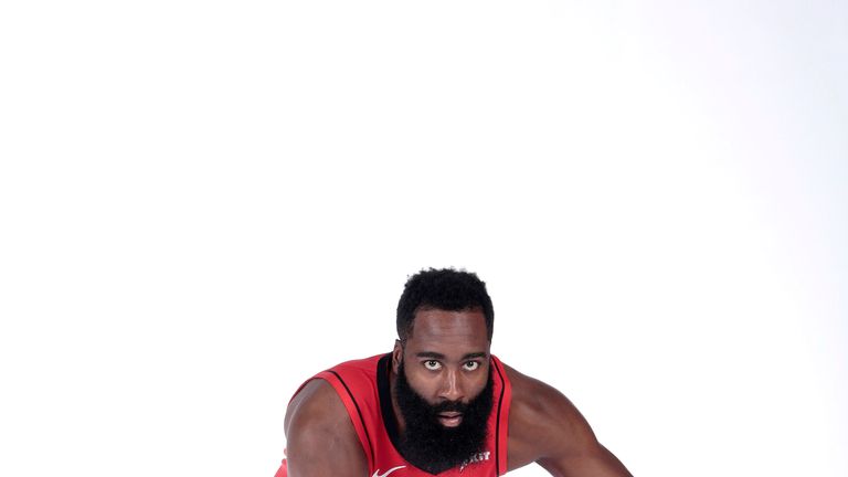 James Harden poses at Houston Rockets media day