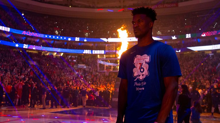 Jimmy Butler pictured during pre-game introductions in Philadelphia