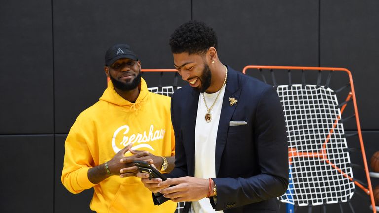 LeBron James and Anthony Davis pictured together prior to a Lakers news conference