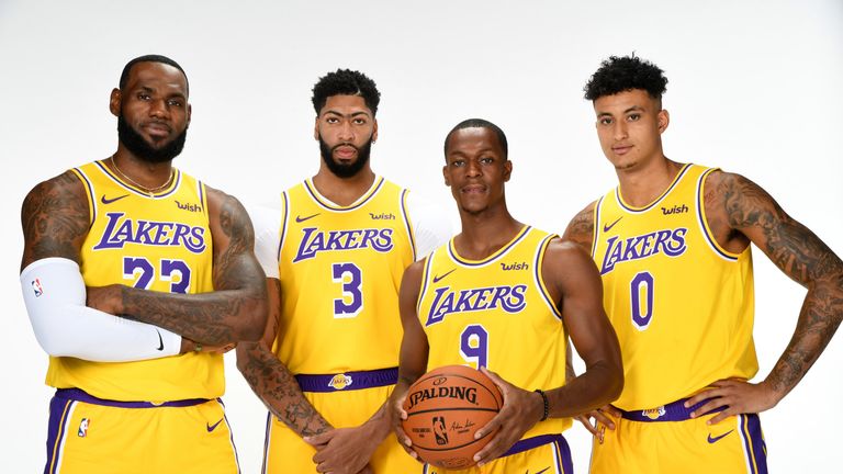 LeBron James and Anthony Davis pose at Lakers media day