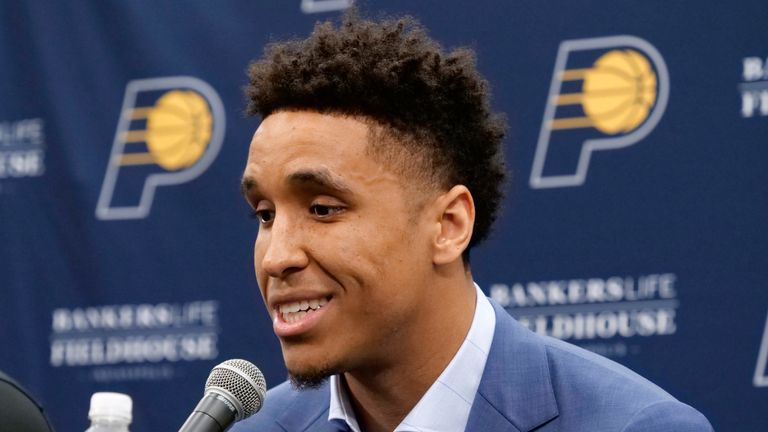 Malcolm Brogdon speaks to the press after being unveiled as a member of the Indiana Pacers