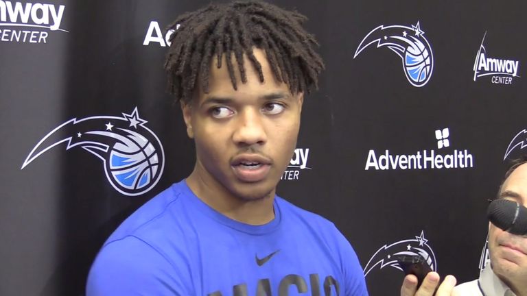 Markelle Fultz speaking to reporters after a voluntary Orlando Magic workout