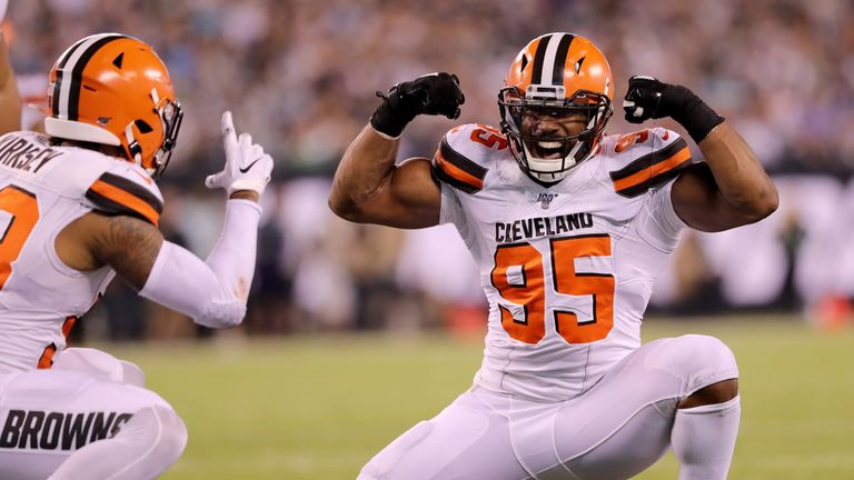 Myles Garrett celebrates after sacking Jets quarterback Trevor Siemian