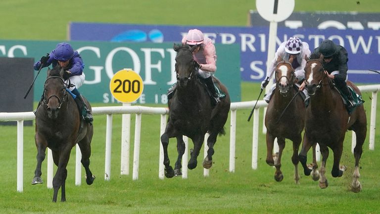 William Buick riding Pinatubo to win the Goffs Vincent O'Brien National Stakes at the Curragh 
